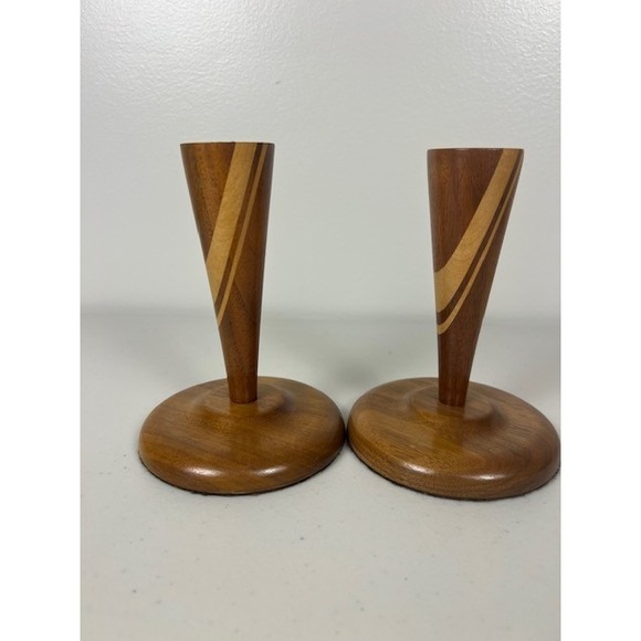 Vintage Mid Century Modern Inlaid Wood Taper Candlestick Holders Set of 2 MCM - Picture 10 of 11